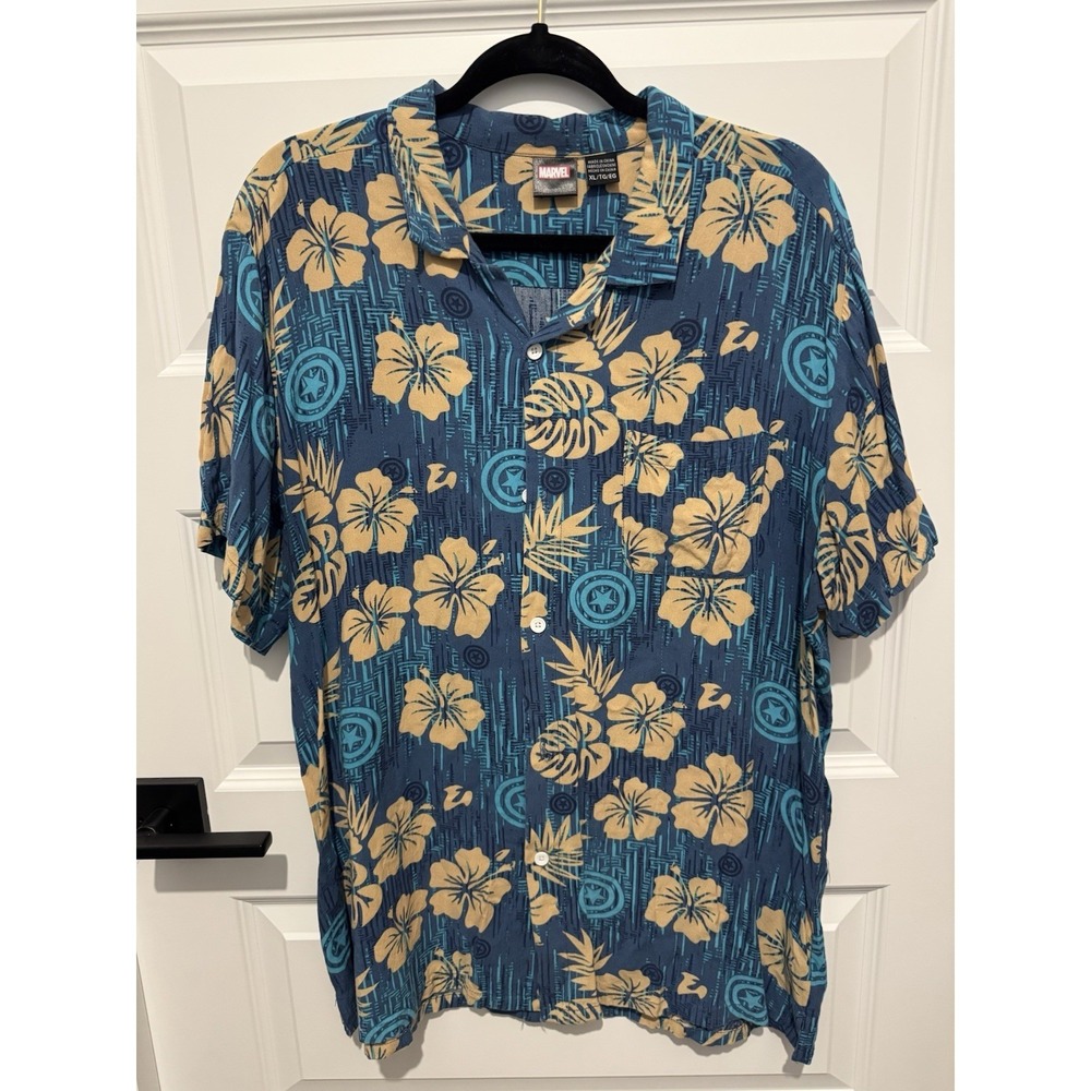 MARVEL CAPTAIN AMERICA Men's Short Sleeve Button Up Hawaiian Shirt XL TG Blue